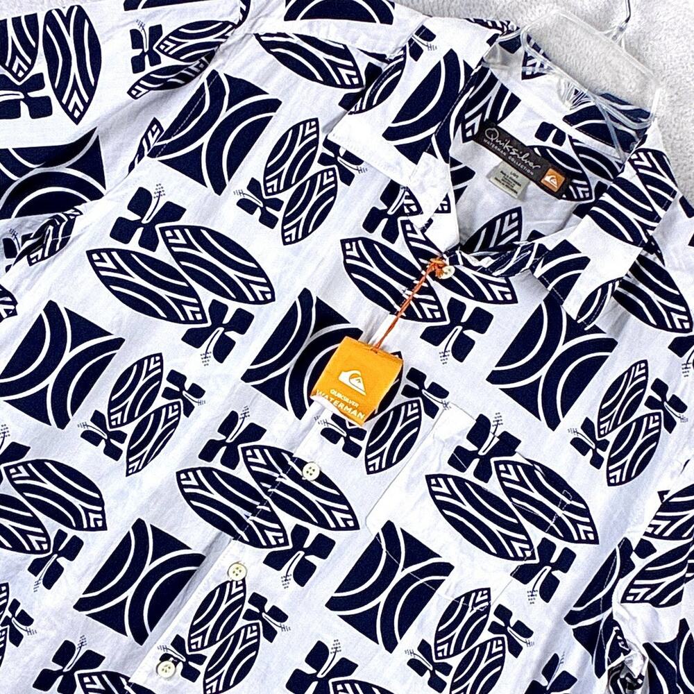 Quiksilver Waterman Hawaiian Camp Shirt Mens L White Black Surfboard AOP Beach